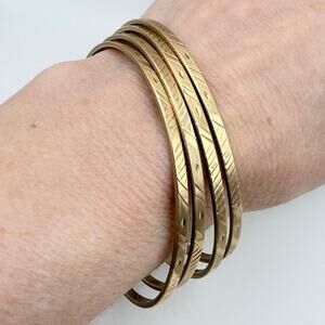 4 VTG 10K Gold Etched Bangle Bracelets Signed GMTI Mexico 8 1/2" x 1/8" Wide